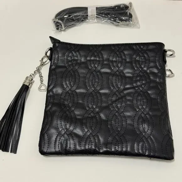 Bella Russo Quilted Crossbody Purse Black Silver Heart Tassel Hand Bag Zipper - Picture 6 of 8